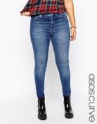 Asos Curve Mid Rise Skinny Jean In Busted Blue - Blue