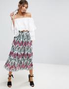 Asos Pleated Midi Skirt With Tiers In Palm Print - Multi