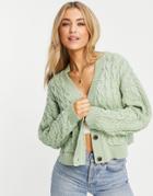 Pull & Bear Cable Knit Button Front Cardigan In Mint-green