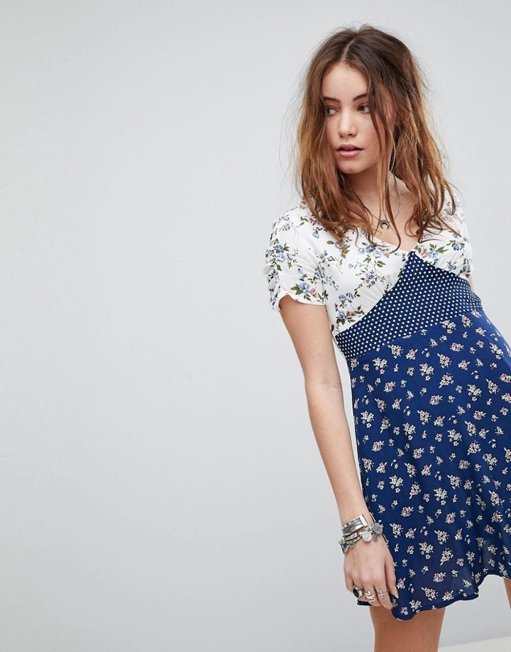 Kiss The Sky Tea Dress In Mixed Floral Polka Dot - Multi