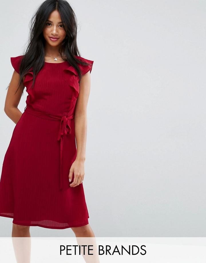 Yumi Petite Midi Tea Dress With Frill Sleeve - Red