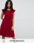 Yumi Petite Midi Tea Dress With Frill Sleeve - Red