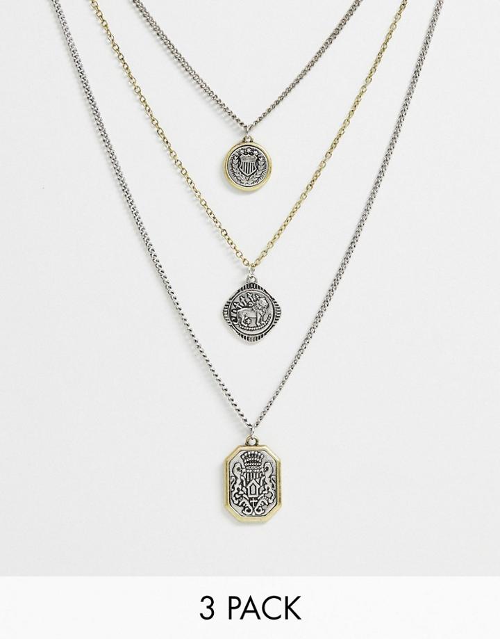 Bershka 3-pack Pendant Necklace In Silver And Gold