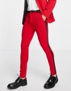 Asos Design Super Skinny Tuxedo Pants In Red With Satin Side Stripe