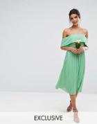 Tfnc Wedding Bardot Midi Dress With Pleated Skirt And Embellished Waist - Green