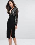 Vesper Plunge Lace Pencil Dress With Split - Black