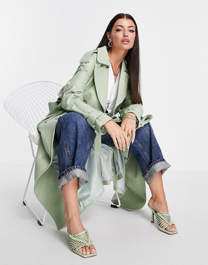Asos Edition Leather Trench Coat In Sage Green