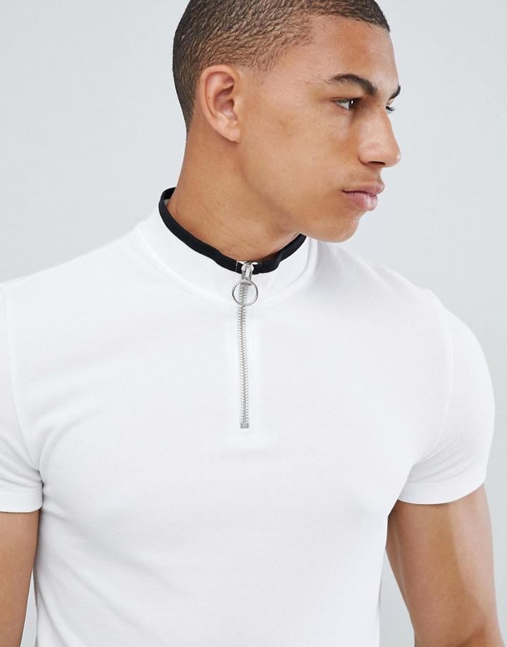 Asos Design Muscle Pique Zip Neck Turtleneck T-shirt - Multi