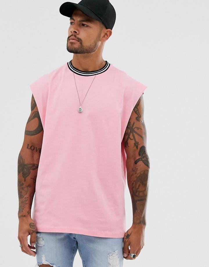 Asos Design Oversized Sleeveless T-shirt With Contrast Tipping In Pink - Pink
