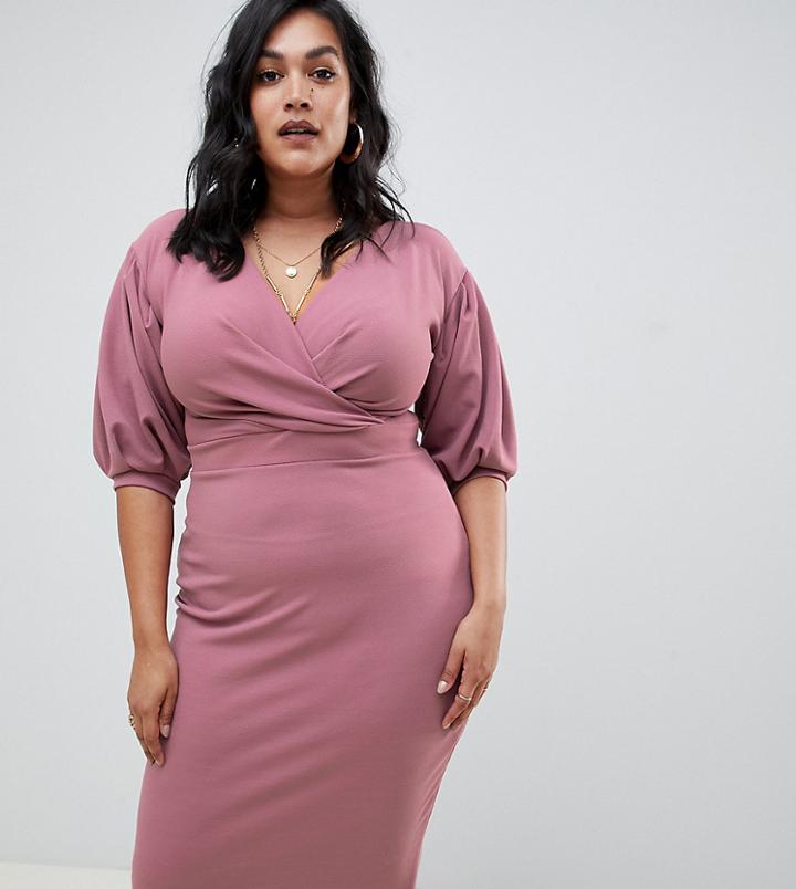 Boohoo Plus Off Shoulder Wrap Midi Dress In Pink - Pink