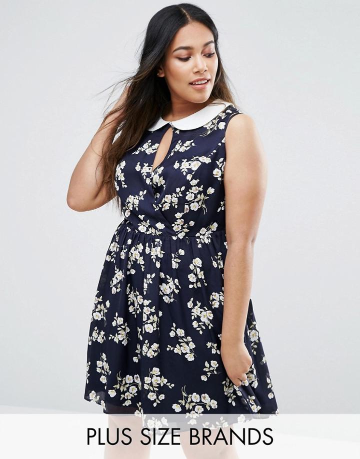Koko Plus Skater Dress With Collar In Floral Print - Navy