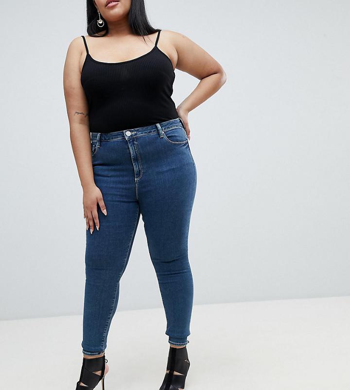 Asos Curve Ridley High Waist Skinny Jeans In Dena Mid Blue Wash - Blue