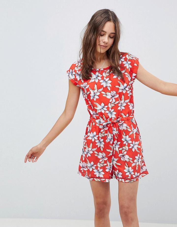 Brave Soul Lenore Floral Print Romper With Ladder Detail - Red