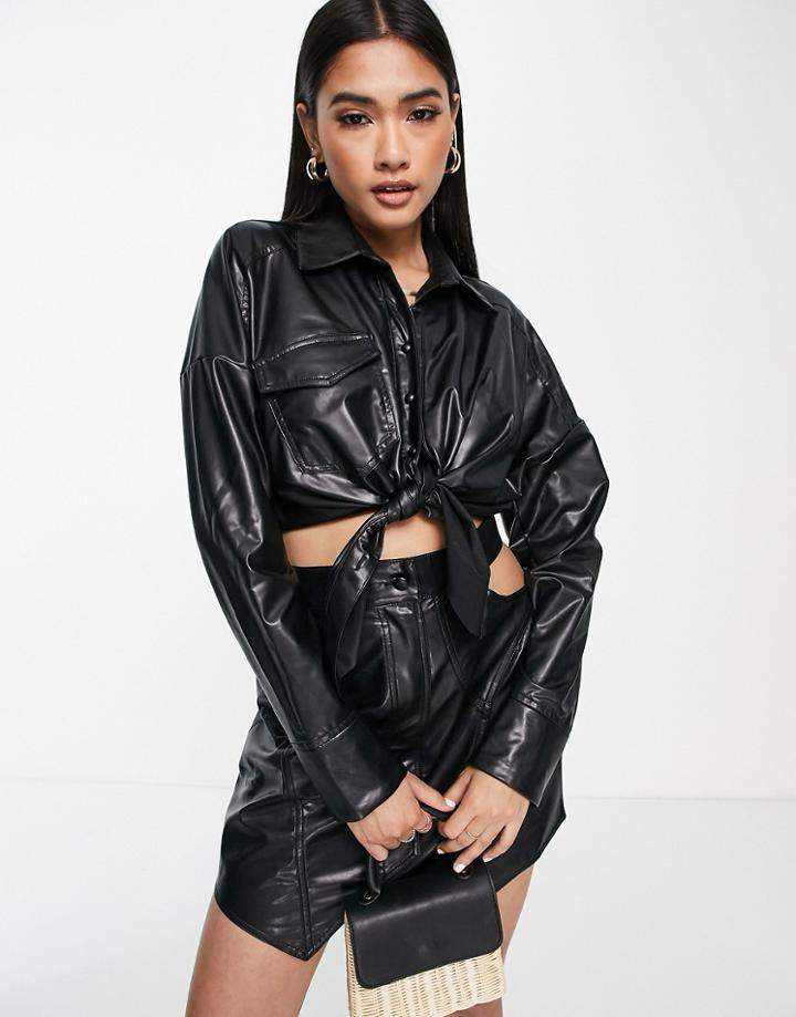 Asos Design Pu Tie Front Shirt In Black - Part Of A Set