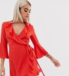 Outrageous Fortune Petite Ruffle Wrap Dress With Fluted Sleeve In Red