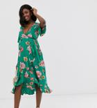 Influence Maternity Midi Wrap Dress With Frill In Floral Print - Green