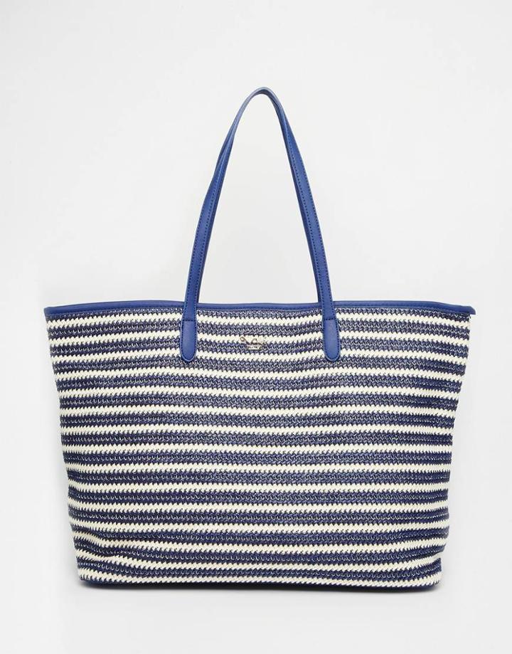 Nali Lined Striped Woven Raffia Style Shopper Tote Bag - Dark Blue