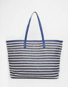 Nali Lined Striped Woven Raffia Style Shopper Tote Bag - Dark Blue