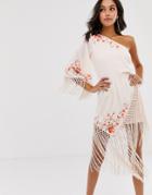 Asos Design Embroidered And Fringed One Shoulder Romper - Orange