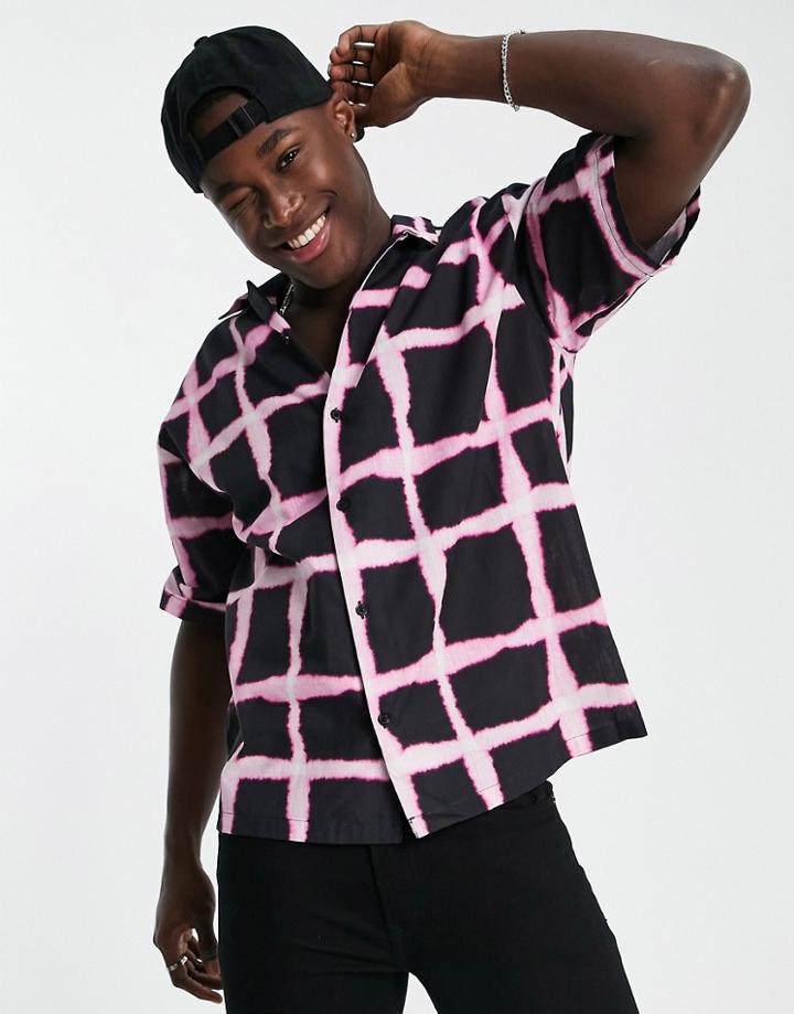 Topman Oversize Watercolor Check Print Shirt In Black