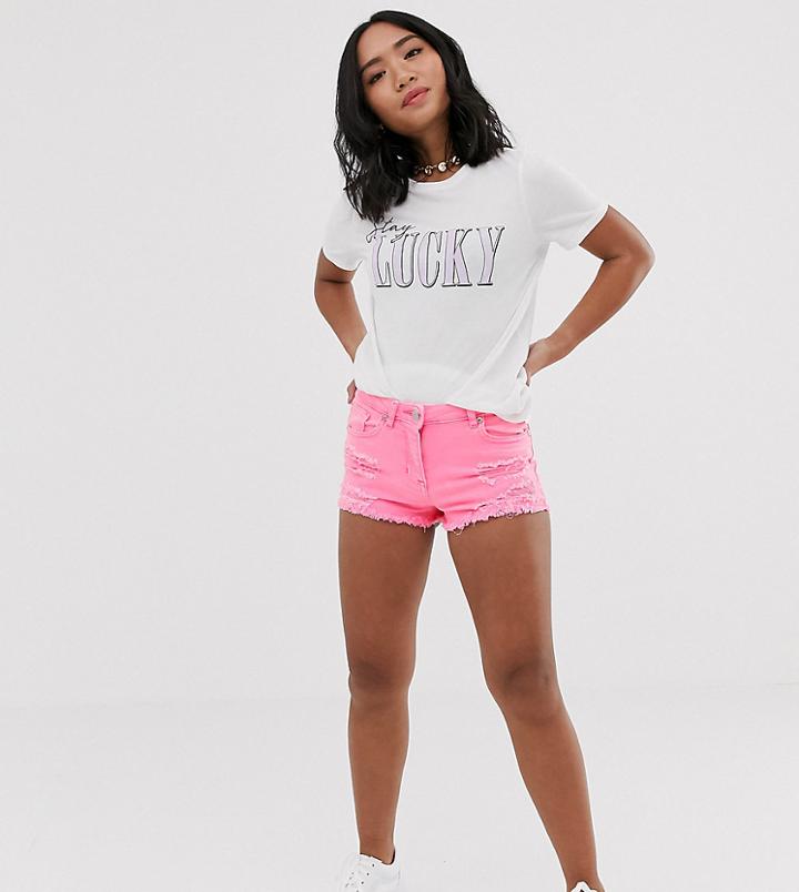 Parisian Petite Distressed Denim Shorts In Neon Pink