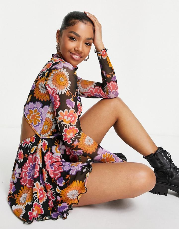 Asos Design Mesh Cut Out Long Sleeve Romper In Retro Print-multi