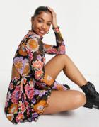 Asos Design Mesh Cut Out Long Sleeve Romper In Retro Print-multi