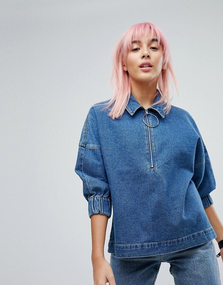 Noisy May Denim Smock Top With Ringpull - Blue