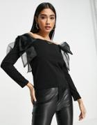 River Island Bardot Top With Organza Bows In Black