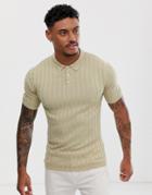 Asos Design Knitted Rib Polo T-shirt In Oatmeal - Beige