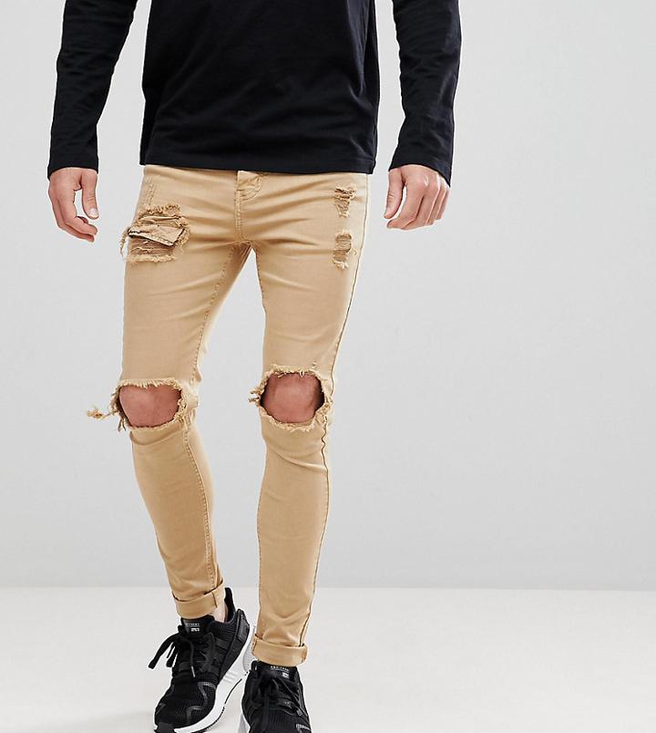 Sixth June Muscle Fit Super Skinny Jeans In Stone With Distressing - Stone