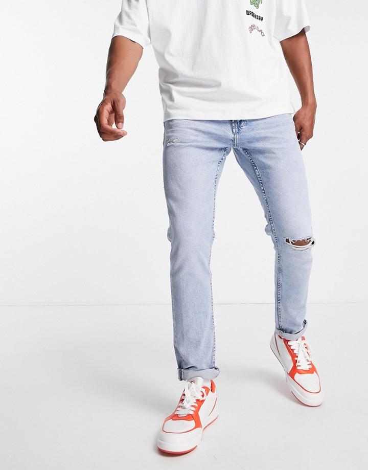Pull & Bear Slim Fit Jeans With Rips In Light Blue-blues