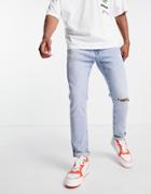 Pull & Bear Slim Fit Jeans With Rips In Light Blue-blues