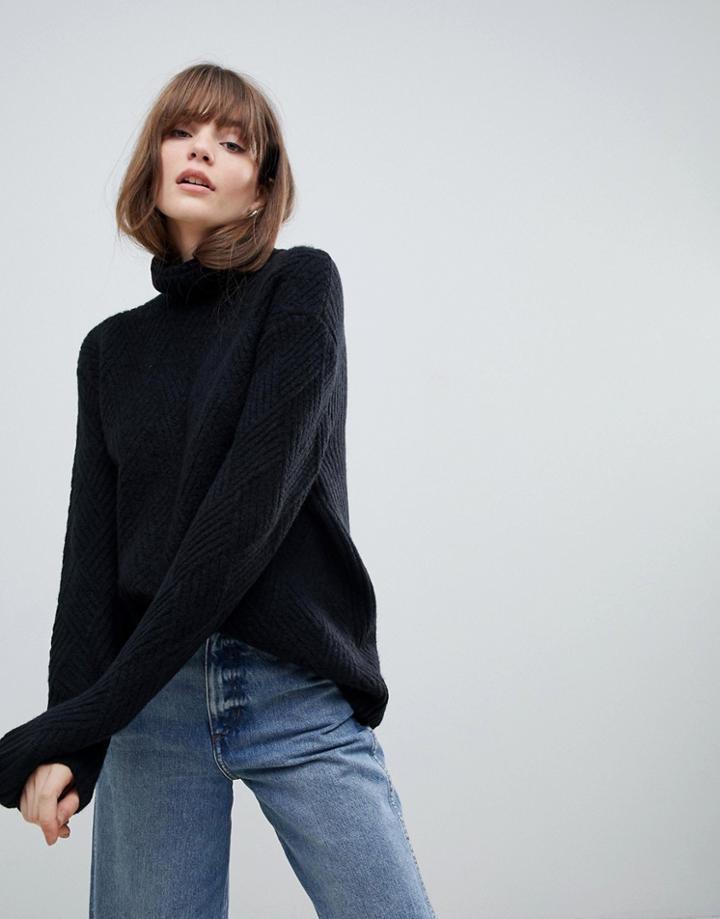 Asos Design Stitch Detail Sweater With Roll Neck-black