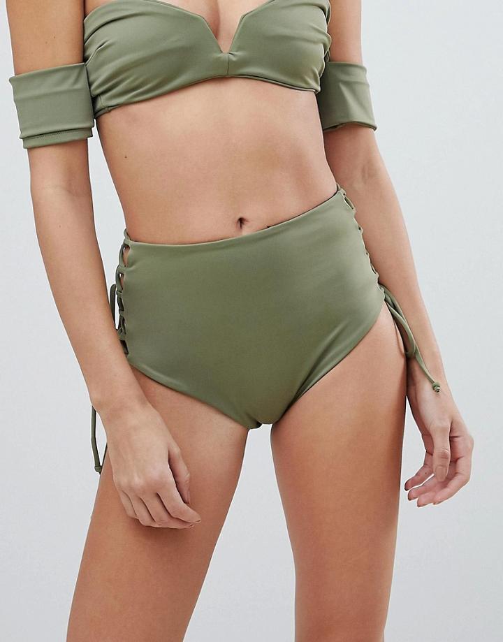 Skye & Staghorn High Waisted Stripe Lace Up Bikini Bottom - Green