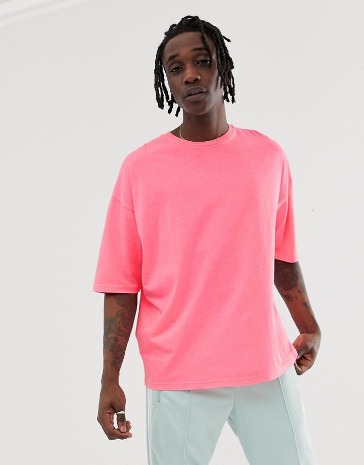 Asos Design Oversized T-shirt With Half Sleeve In Washed Neon Pink - Pink