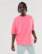 Asos Design Oversized T-shirt With Half Sleeve In Washed Neon Pink - Pink