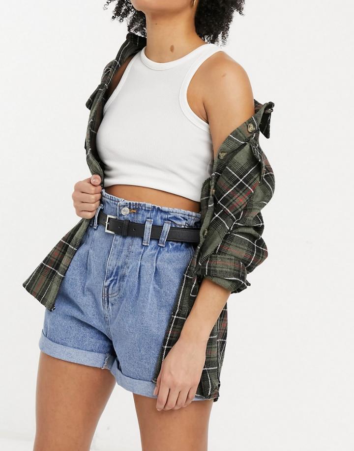 New Look Paperbag Denim Short In Blue-blues