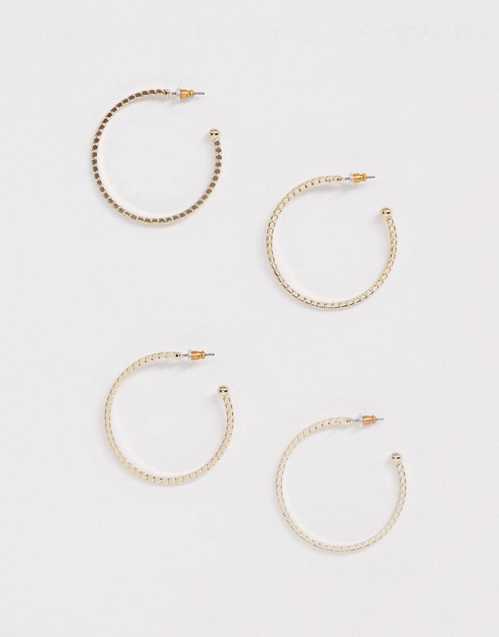 Asos Design Pack Of 2 Hoop Earrings With Engraved Rope Detail In Gold Tone