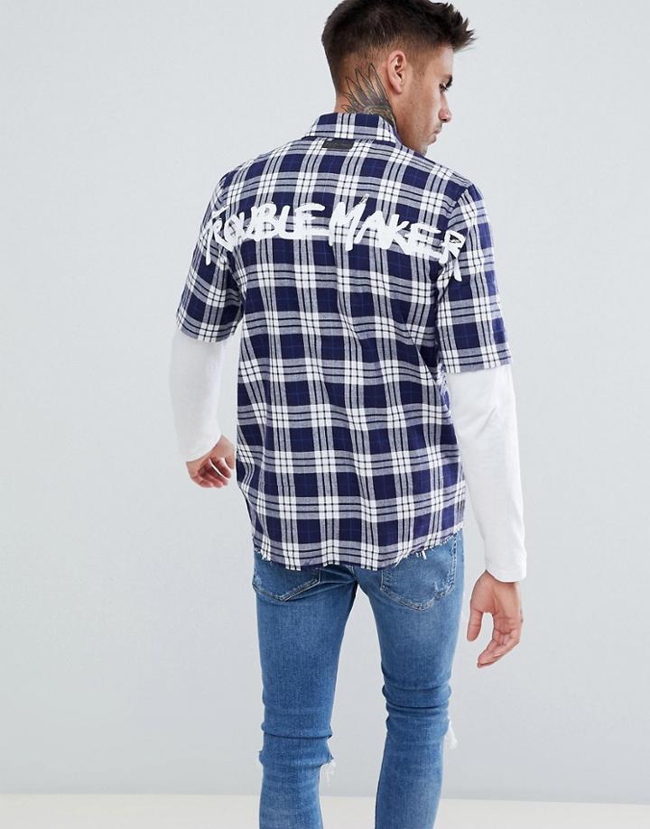 Just Junkies Boxy Check Back Print Shirt - Navy