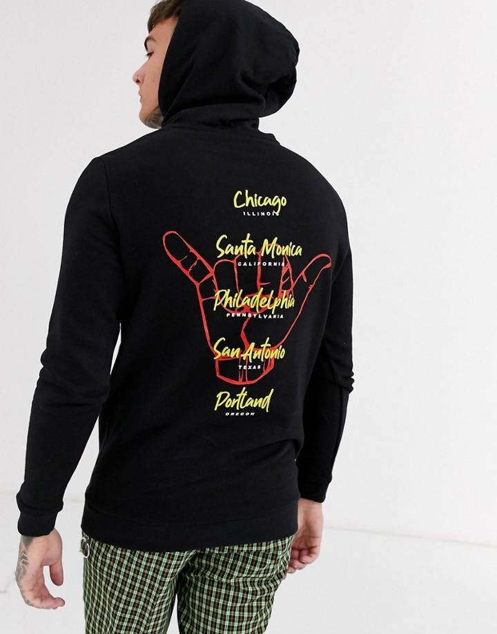 Asos Design Longline Hoodie In Black With City List Back Print