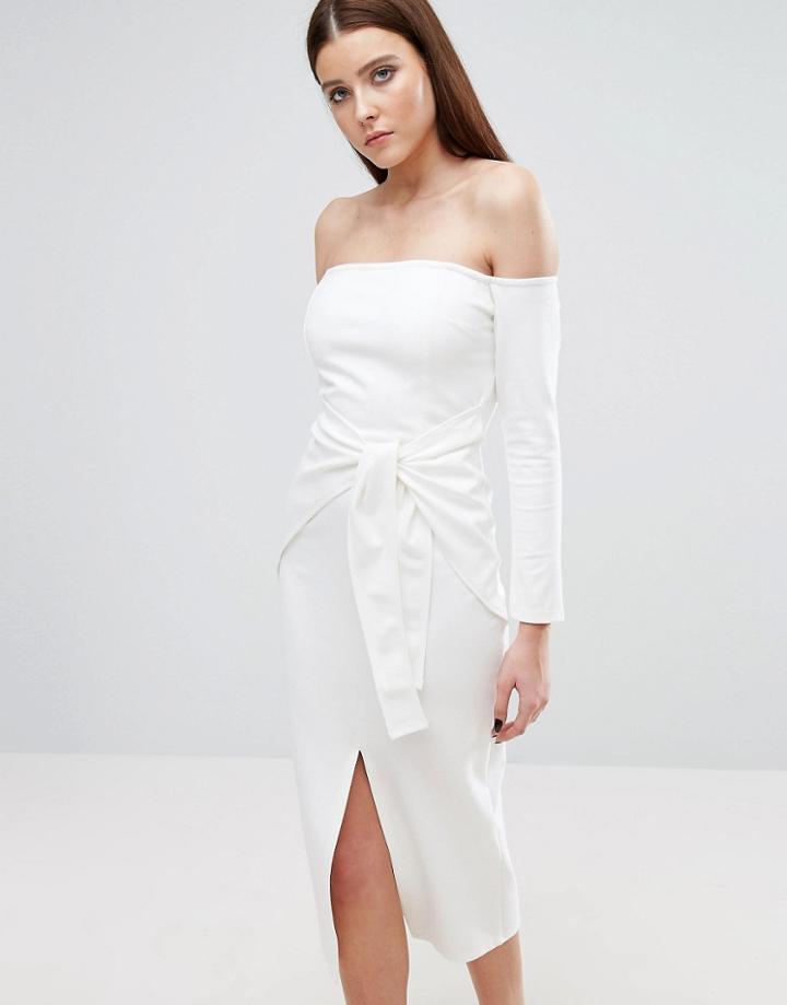 Lavish Alice Off Shoulder Midi Dress With Tie Front - White