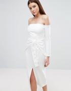 Lavish Alice Off Shoulder Midi Dress With Tie Front - White