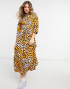 Pieces Maxi Shirt Dress With Tie Waist In Yellow Spot Print-multi