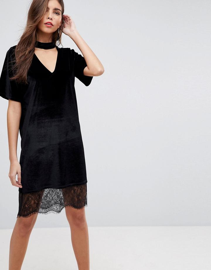 Asos Velvet T-shirt Dress With Choker Neck And Lace Hem - Black