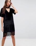 Asos Velvet T-shirt Dress With Choker Neck And Lace Hem - Black