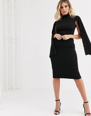 Scarlet Rocks Cape Sleeve Midi Dress In Black