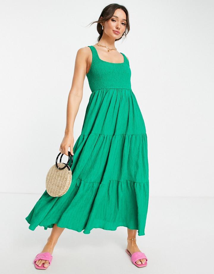 Asos Design Shirred Maxi Sundress With Tiers In Stripe Texture In Bright Green