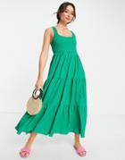 Asos Design Shirred Maxi Sundress With Tiers In Stripe Texture In Bright Green