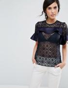 Closet London Lace Top With Frill Sleeve - Navy
